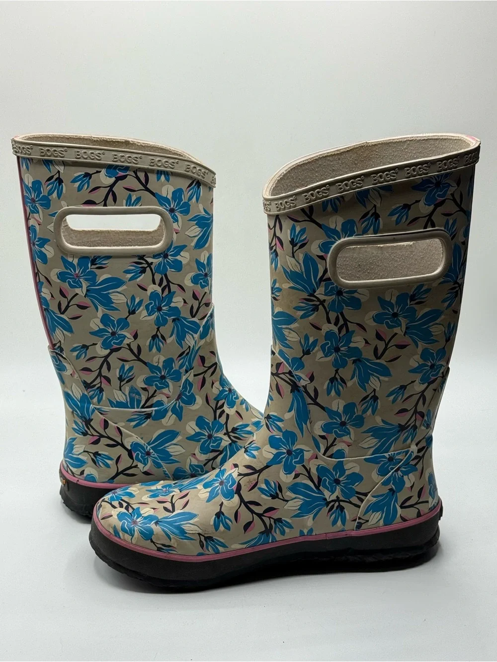 Bogs Beige Rain Boots with Blue Floral Print